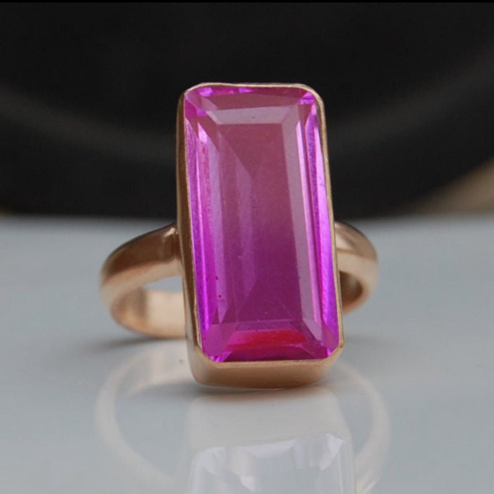 Pink Tourmaline Quartz 18K Matte Finish Yellow Gold over Sterling Ring sz 4-1/4
